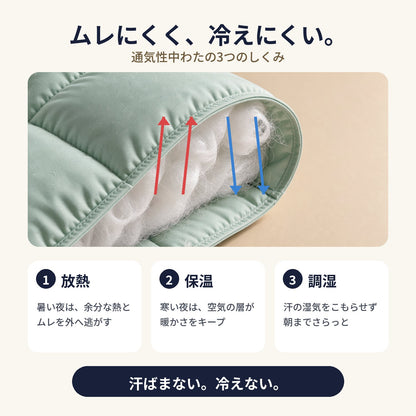 ムレにくく、冷えにくい。通気性中わたの3つのしくみ